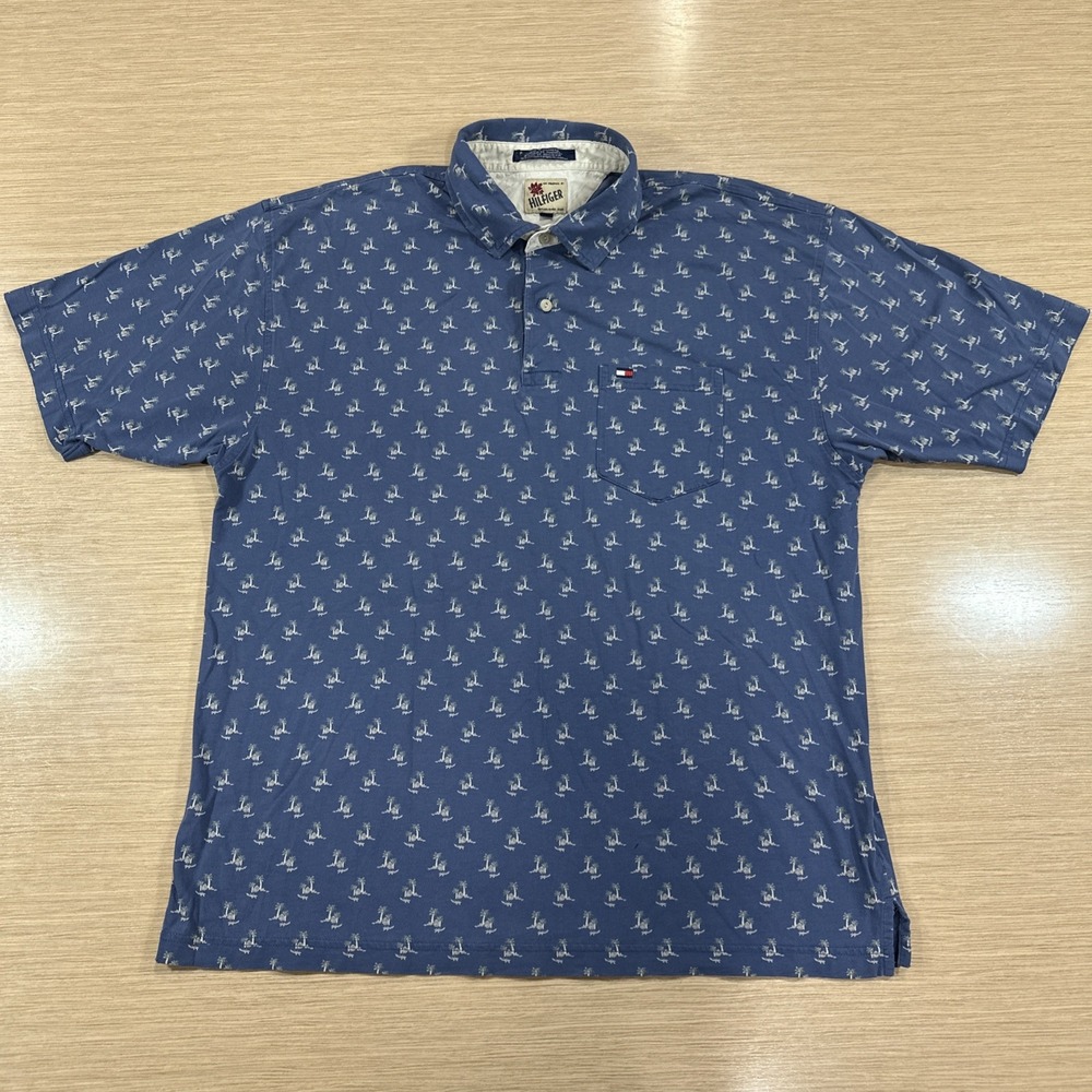 VTG Y2K Tommy Hilfiger Hawaiian Polo Blue Shirt Size XL Classic‎ Style